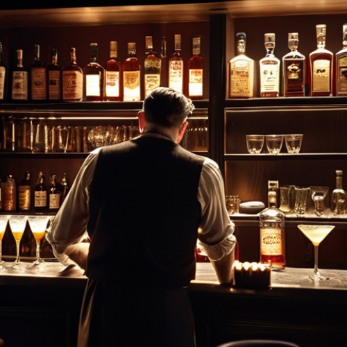 Home 4 **A cozy, dimly lit home bar in the style of a classic film noir. Bottles of various liquors are displayed on shelves. A bartender is carefully stirring a cocktail in a mixing glass with a long spoon, the scene bathed in warm, inviting light.**