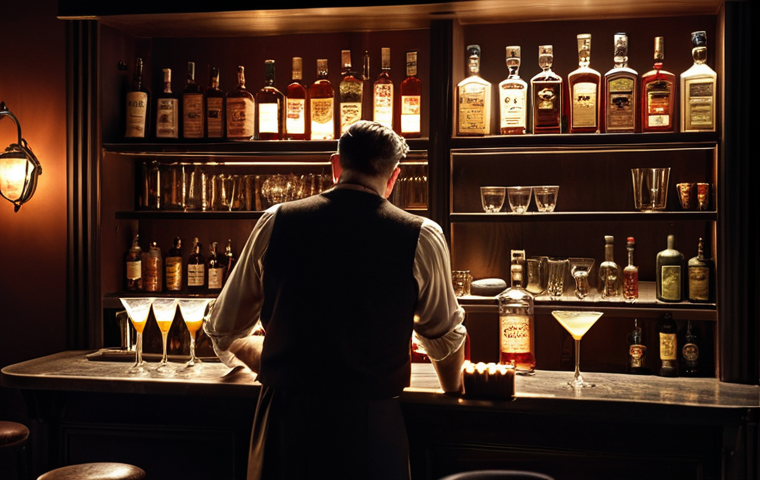 **A cozy, dimly lit home bar in the style of a classic film noir. Bottles of various liquors are displayed on shelves. A bartender is carefully stirring a cocktail in a mixing glass with a long spoon, the scene bathed in warm, inviting light.**